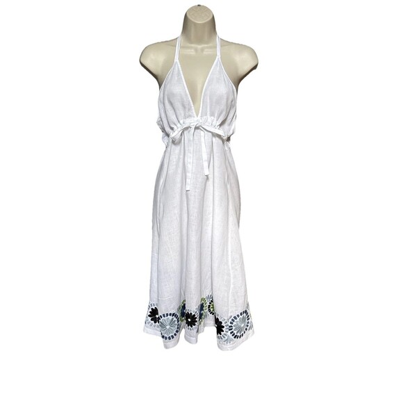 Diane Von Furstenberg  Size Large Y2K White 100% Linen Embroidered Halter Dress - Picture 12 of 14
